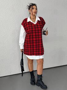 SHEIN EZwear Plus Size Plaid Vest & Casual White Shirt 2pcs Set - Red - View 1