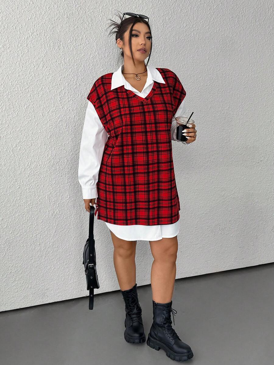 SHEIN EZwear Plus Size Plaid Vest & Casual White Shirt 2pcs Set - Red - View 1