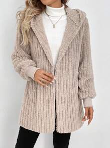 SHEIN LUNE Women Hooded Drawstring Hem Plush Texture Casual Commuter Elegant Outerwear, Suitable For Autumn/Winter