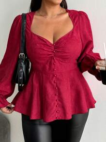 Flirla Camisa de manga larga con cuello de corazón, vuelo en el bajo y botones, en talla grande, de color vino tinto, informal para citas, reuniones - Burdeos - Ver 5