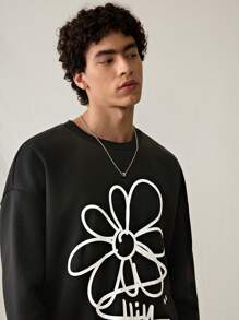 Manfinity VCAY 2 件套男士针织套装，休闲宽松印花长袖 T 恤，松紧腰直腿裤，适合年轻一代 - 黑色 - 查看 4