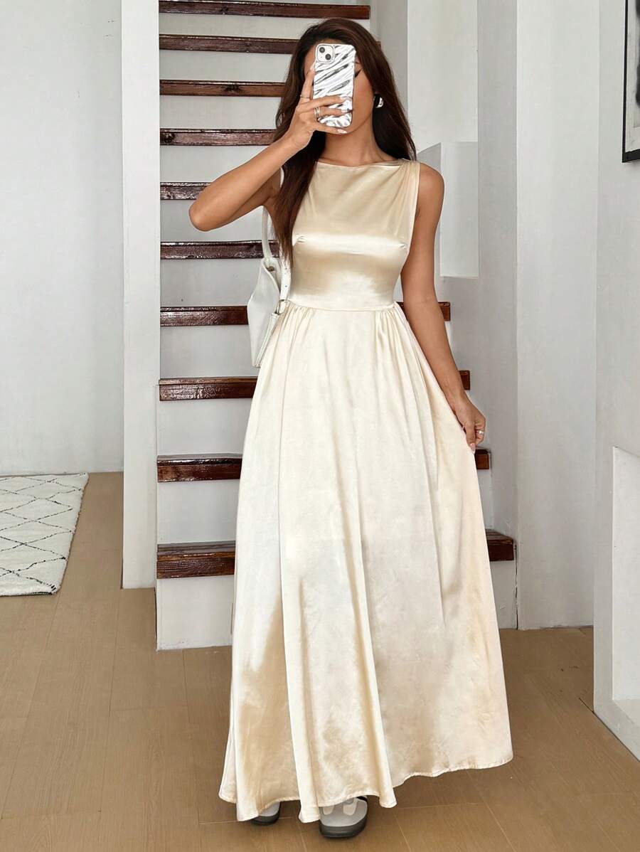 SHEIN EZwear 女士优雅纯色无袖高腰连衣裙 - 杏色 - 查看 1