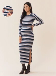 SHEIN Women Striped Long Sleeve Top & Pants 2 Pieces Set, Maternity Wear, Maternity Wear, Autumn