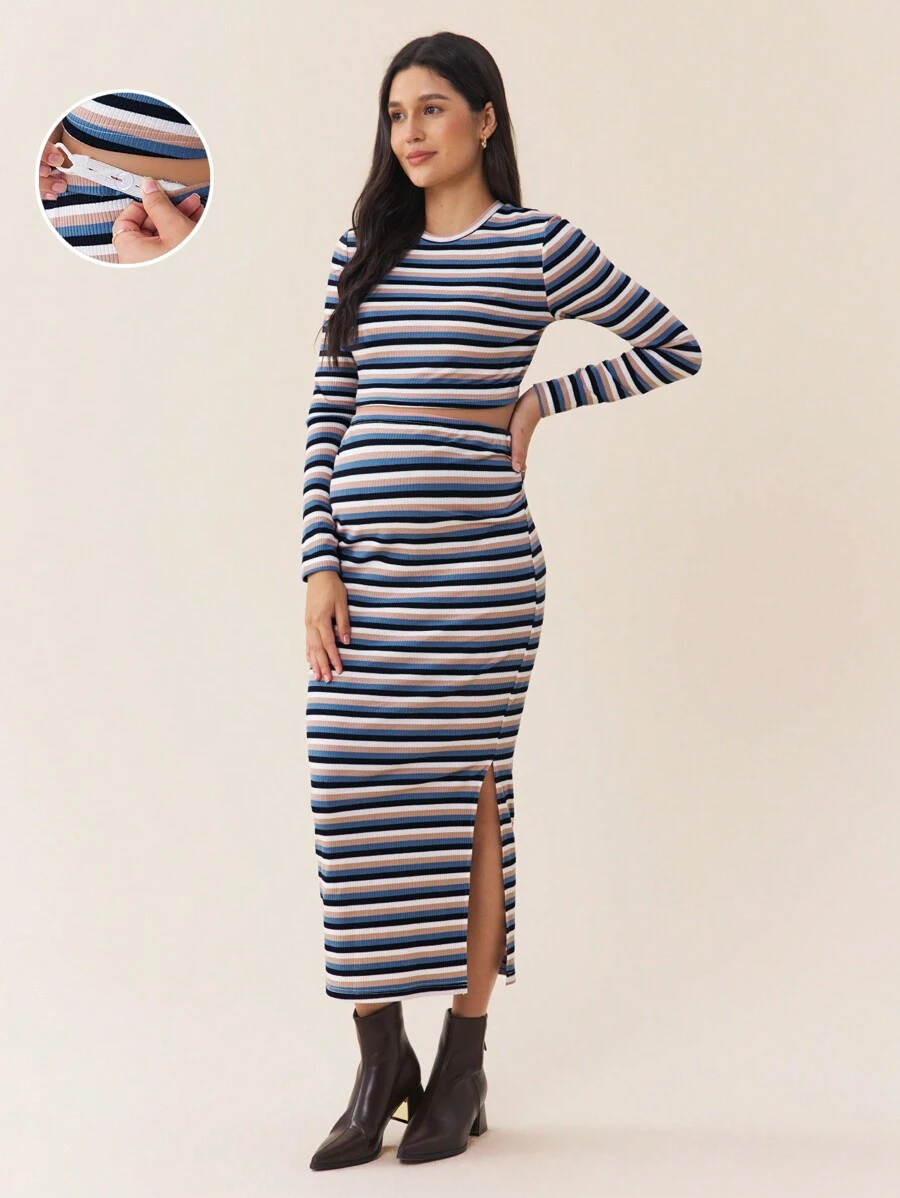 SHEIN Women Striped Long Sleeve Top & Pants 2 Pieces Set, Maternity Wear, Maternity Wear, Autumn