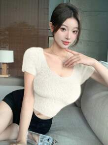 DAZY 女士纯色短袖修身短款针织上衣，秋季休闲 - 白色 - 查看 6