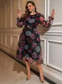 SHEIN Clasi 大码花卉印花圆领网眼撞色长袖连衣裙 - 彩色 - 查看 6