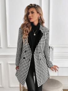 SHEIN Clasi Women's Houndstooth Pattern Commuter Coat, Autumn/Winter - Black and White - View 5