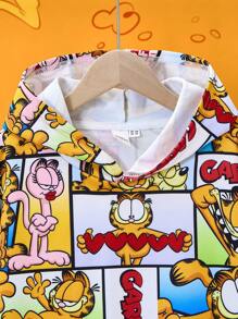 GARFIELD | SHEIN Tween Boy Casual Cartoon Patchwork Print Drop Shoulder Loose Hoodie Sweatshirt - Multicolor - View 7