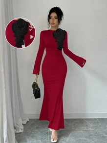 SHEIN Unity Women 3D Floral Decor Ruffle Stand Collar Bell Sleeve Fishtail Hem Fitted Long Dress - Burgundy - View 8