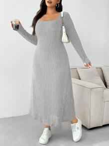 SHEIN EZwear Đầm dài tay màu trơn cỡ lớn tối giản, thường ngày để mặc hàng ngày - Xám - Xem 3