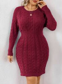 Calvaya Plus Size Solid Color Round Neck Cable Casual Versatile Long Sleeve Sweater Dress, Winter - Burgundy - View 8