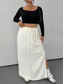 SHEIN EZwear 大码纯色抽绳腰高开叉休闲半身裙 - 白色 - 查看 3