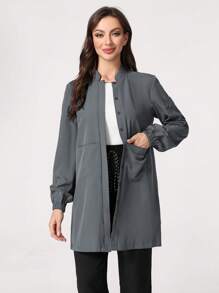 TaskEZ Plain Color Multi-Pocket Front Button Scrub Uniform Jacket - Grey - View 5