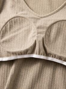 SHEIN BASICS 休闲纯色 V 领长袖加垫修身女式 T 恤 - 卡其色 - 查看 5
