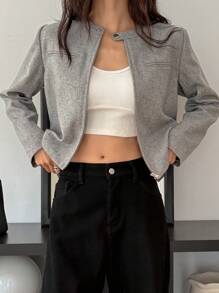 DAZY 女士圆领纯色口袋拉链优雅长袖夹克 - 灰色 - 查看 7