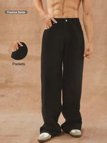 男士优质棉质牛仔宽松阔腿牛仔裤 - 黑色 - 查看 8