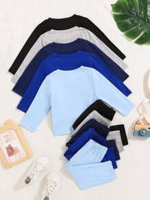 SHEIN 2pcs/Set Baby Boy Casual Solid Color Round Neck Long Sleeve T-Shirt And Pants Set, 5 Pack Combo, Suitable For Spring, Autumn And Winter - Multicolor - View 2