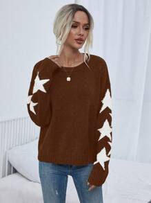 SHEIN LUNE Women's Casual Round Neck Dropped Shoulder Long Sleeve Star Pattern Knit Sweater, Autumn/Winter - Rust Brown - View 6
