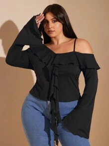 SHEIN BAE Plus Size Women's Black Asymmetrical Neck Ruffled Neckline Flared Long-Sleeved Spaghetti Strap Top Suitable For Commuting And Sweet Dating Outfit Plus Size Fall Clothesoing Out Spaghetti Strap Tops Women Long Sleeve Plus Size Shirts Women Long Sleeve Spaghetti Strap Top Christmas Women Clothes Thanksgiving Shirt Women Plus Clothing Christmas Women Plus Clothing Fall Plus Size Teacher Ladies Christmas Spaghetti Strap Top Business Casual Woman