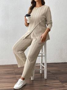 SHEIN LUNE 2pcs/Set Plus Size Women Casual Ribbed Striped Round Neck T-Shirt With Elastic Waistband, Loose Regular Fit, Suitable For Autumn/Winter - Apricot - View 1
