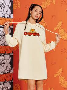 GARFIELD | SHEIN 女士休闲卡通字母印花落肩宽松抽绳连帽短款卫衣连衣裙，春秋 - 杏色 - 查看 2