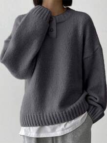 DAZY Women's Solid Color Button Front Half Placket Long Sleeve Casual Pullover Sweater, Autumn/Winter - Grey - View 4