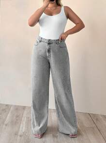 EURMUSE HIGH WAIST WIDE LEG CUT PLUS SIZE  JEANS - Grey - View 5