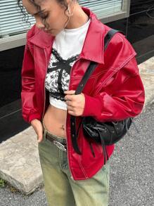 INAWLY 女式單色簡約日常長袖拉鍊外套