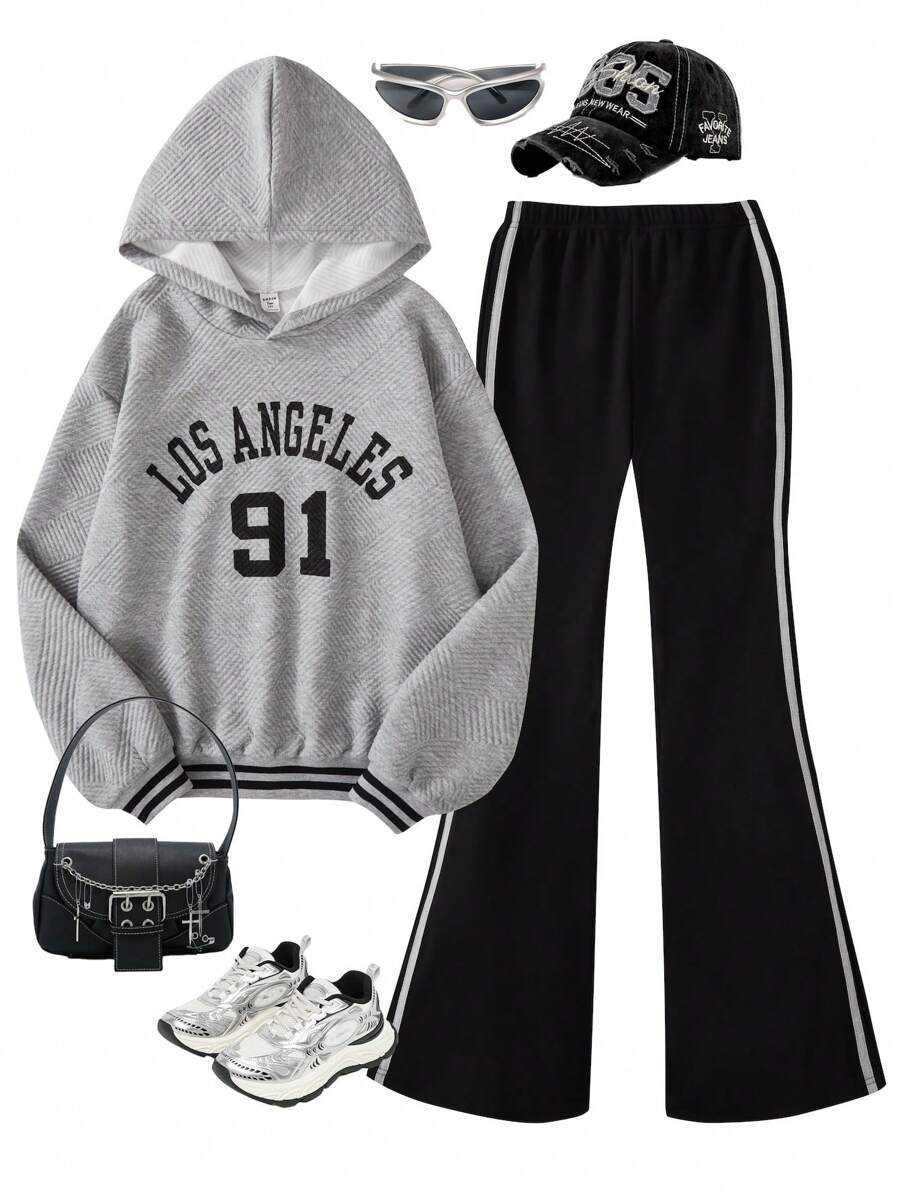 Sparklyn 2 件套青少年女孩字母印花连帽衫运动衫和喇叭裤休闲装，秋冬 - 灰色 - 查看 1