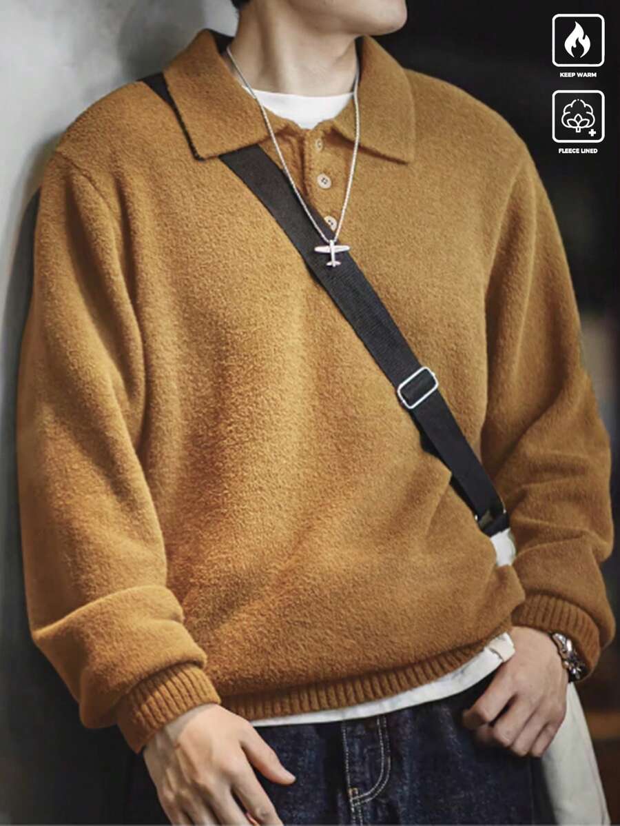 Claim Dot Men's Casual Solid Color Drop Shoulder Sweater, Autumn/Winter - Brown - View 1
