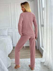 RueChic 100%Cotton Letter Embroidery Ribbed Knit Lounge Set - Rose Red - View 2