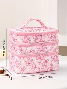 Ashley Baxter Bolsa de cosméticos kawaii con diseño de arco y cereza, de 3 capas, con forma cuadrada, ideal para vacaciones, Año Nuevo, Día de San Valentín