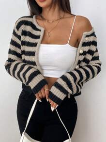 SHEIN PETITE 女士休闲日常条纹纽扣前开衫，秋冬 - 摩卡棕 - 查看 4