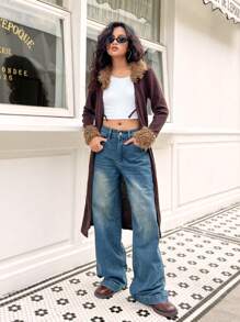 SHEIN Teen Girls Elegant Vintage Ribbed Solid Color Coat, Fitted Fluffy Collar, Suitable For Daily Wear, Jacket, Fall Season