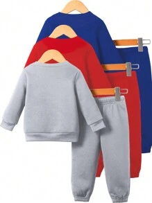 3pcs Baby Boys Casual Solid Color Crew Neck Fleece Sweatshirts
