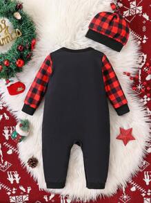 Newborn Baby Boy Christmas Slogan Graphic Contrast Trim Jumpsuit & Hat(3-24M)