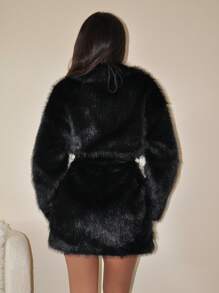 SHEIN ICON 1pc Solid Color Fluffy Fuzzy Tie-Up Decor Long Sleeve Jacket