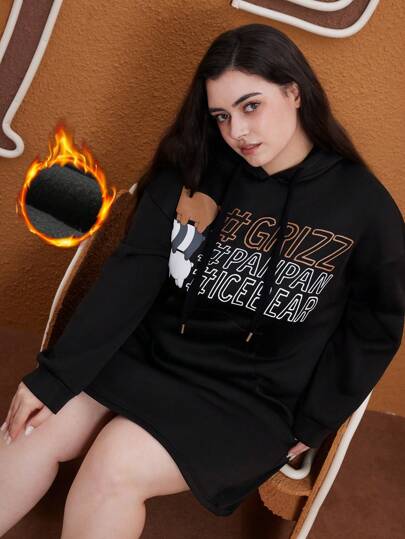 We Bare Bears X SHEIN 大码休闲时尚落肩宽松卡通字母印花图案黑色连帽连衣裙