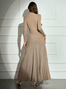 Modelyn 1 chiếc váy len dài tay xếp ly màu trơn cổ đứng thanh lịch cho nữ - Màu Khaki - Xem 2