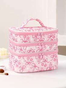 Ashley Baxter Bolsa de cosméticos kawaii con diseño de arco y cereza, de 3 capas, con forma cuadrada, ideal para vacaciones, Año Nuevo, Día de San Valentín