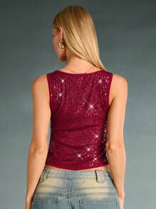 SHEIN BAE Top elegante senza maniche con collo rotondo, colore bordeaux, in angora, decorato con paillettes, minimalista, adatto per uso casual, feste cocktail, appuntamenti romantici, abbinamenti a strati, raduni, feste, Ognissanti, Natale, Capodanno