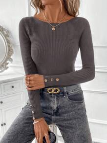 SHEIN Clasi 1 件女式黑色圆领长袖毛衣，带金属纽扣袖口 - 深灰色 - 查看 1