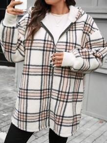 SHEIN LUNE Plus Size Buffalo Plaid Pattern Opadające Ramiona Kaptur Teddy Coat Zimowe Ubrania Nowości Strój Damski Strój Świąteczny Termiczny - Wielokolorowe - Zobacz 4