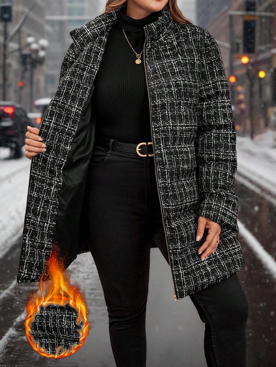 SHEIN Clasi Plus Size Women Printed Warm Front Zip Padded Coat, Suitable For Daily Wear, For Winter