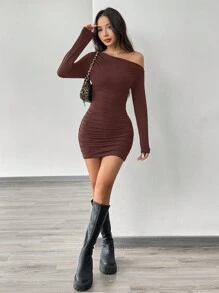 SHEIN EZwear Women's Long Sleeve Off-Shoulder Smocked Bodycon Mini Dress