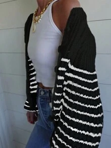 INAWLY 女士休闲条纹灯笼袖开衫，秋冬 - 黑色 - 查看 2