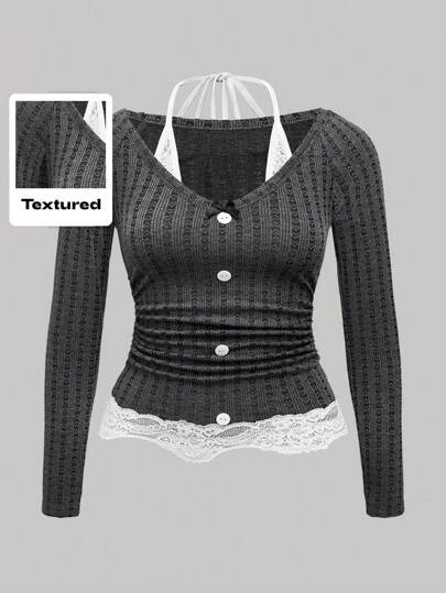 Kawaii Cute & Sweet Heathered Gray Ribbed Lace Trim Ruffle Neck Bodycon 2 In 1 Plus Size T-Shirt For Women