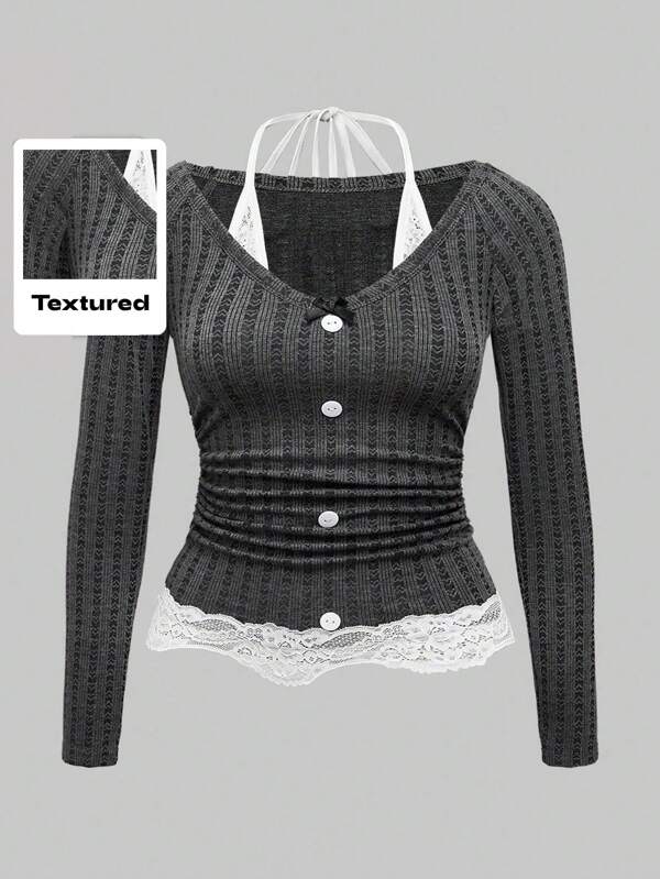 ROMWE Kawaii Cute & Sweet Heathered Gray Ribbed Lace Trim Ruffle Neck Bodycon 2 In 1 Plus Size T-Shirt For Women