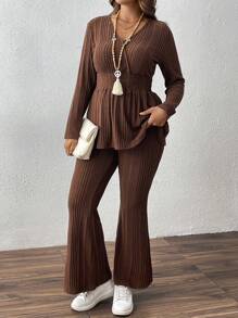SHEIN LUNE 2pcs/Set Women Plus Size Striped Knit Drawstring Shirred Top & Relaxed Pants, Elegant Autumn/Winter Outfit