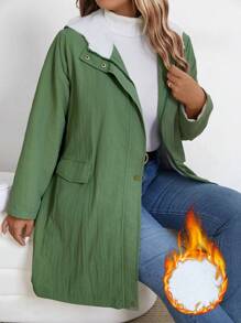 Plus Size Casual Daily Zip-Up Hooded Jacket With Pockets, Thermal Lined Warm, Autumn/Winter Fall Cloth For Women - Green - View 7